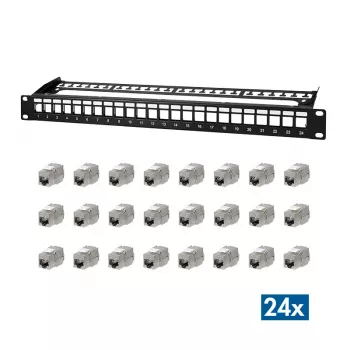 LogiLink PrimeLine 24-portowy ekranowany panel krosowy Keystone Cat.6A, 19 cali 1U, czarny (RAL9005), w zestawie 24 moduły Keystone NK5001