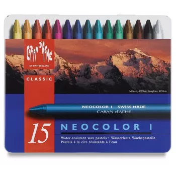 Caran d'Ache Neocolor I pastele woskowe, 15 kolorów, okrągłe, z papierową owijką, metalowa puszka 7000.315