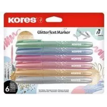 Zestaw zakreślaczy Kores Glitter, końcówka ścięta 3-5 mm, 6 luminescencyjnych brokatowych kolorów, na bazie wody, szybkoschnące, odporne na rozmazywanie, wentylowana skuwka, nietoksyczne TM36300