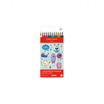 Caran d'Ache Swisscolor Kawaii Monsters Akwarelowe kredki ołówkowe, zestaw 12, sześciokątne drewno cedrowe 1285.801