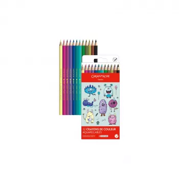 Caran d'Ache Swisscolor Kawaii Monsters Akwarelowe kredki ołówkowe, zestaw 12, sześciokątne drewno cedrowe 1285.801