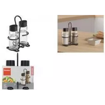 Zestaw solniczka i pieprzniczka Metaltex Spice Line, 3-częściowy, szkło z czarnymi plastikowymi pokrywkami, przezroczysty 252871000