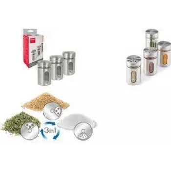 Zestaw pojemników na przyprawy Metaltex Shake Line, 3 sztuki, szkło ze stali nierdzewnej i plastikowymi obrotowymi pokrywkami, 100 ml każdy 259851000