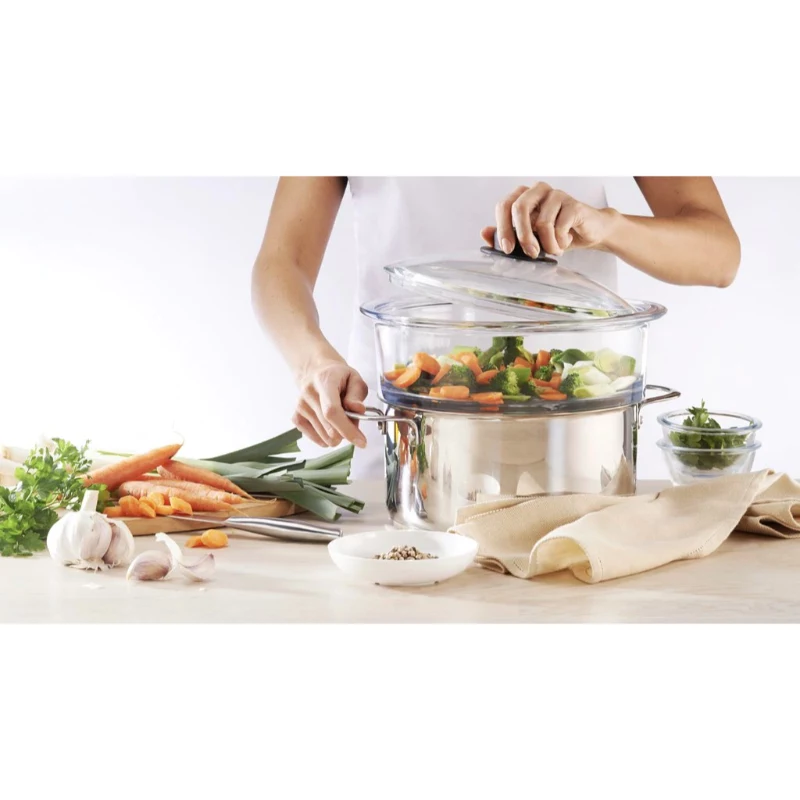 Pokrywka szklana PYREX 24 cm, szkło borokrzemowe, czarny uchwyt fenolowy, otwór parowy, odporna na piekarnik do 220°C