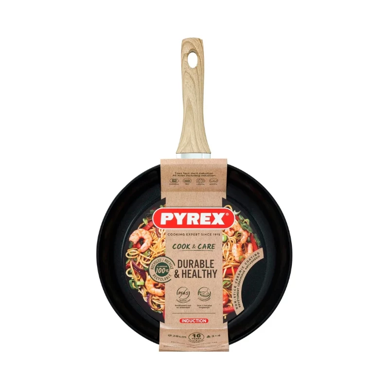 PYREX Panna Cook&Care Ø28cm Patelnia, Aluminium, Titanium 2X Non-Stick, Thermo-Signal, Indukcja, Czarny
