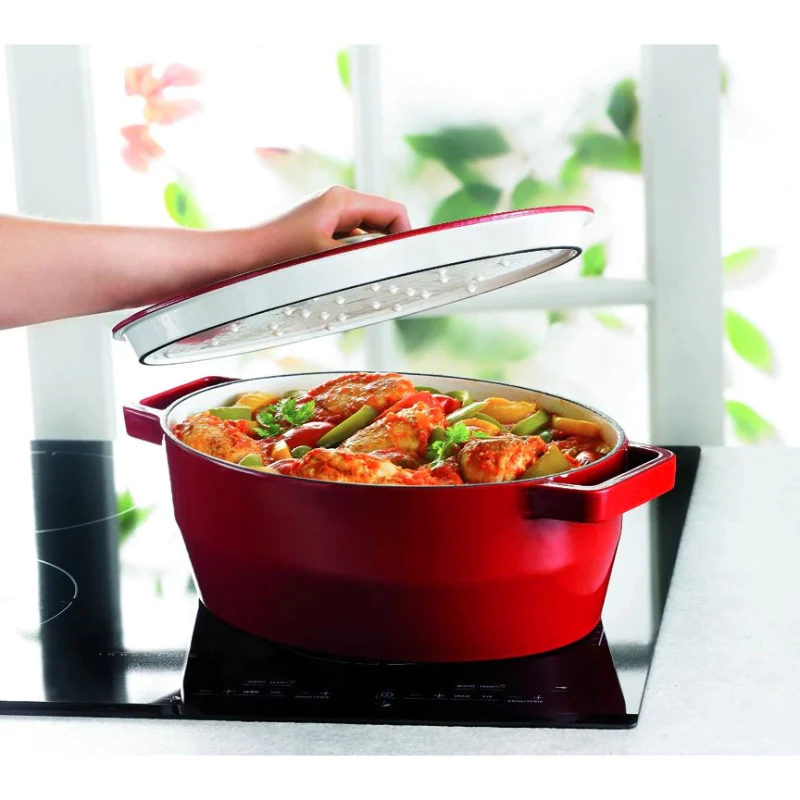 Pyrex żeliwne owalne naczynie do zapiekanek 3,8 l czerwone 29x21 cm
