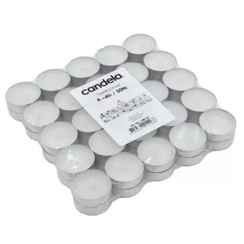 Świeczki herbaciane CANDELA 75 szt. – Białe bezzapachowe podgrzewacze w aluminiowych kubkach, czas palenia 3,5-4 godz.