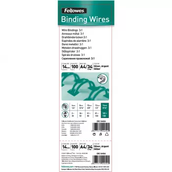 Fellowes 14 mm 34-pierścieniowe srebrne grzbiety do oprawy drutowej Twin Loop dla A4, 130 arkuszy, 100 sztuk (54454)
