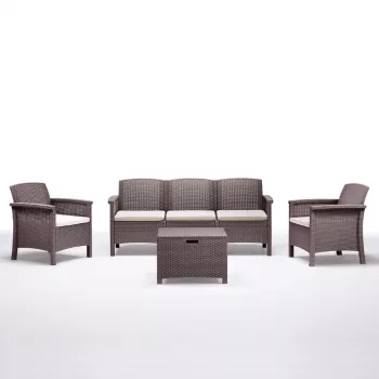 Zestaw mebli ogrodowych BICA Venezia 3 Beżowy - 5-osobowy zestaw wypoczynkowy zewnętrzny z ramą aluminiową, plecionką linową i stołem ze szkła hartowanego