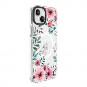 Evelatus etui iPhone 15 Plus przezroczyste MagSafe z nadrukiem kwiatowym