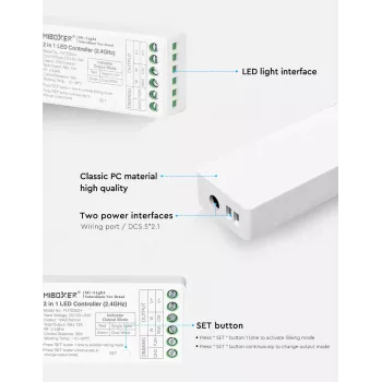 MiBoxer FUT035S+16kHz 2-in-1 dwukanałowy kontroler LED białych (DC12/24V, 2.4GHz, 16kHz bez migotania)