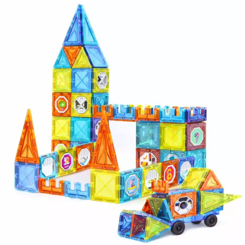 LEAN TOYS Magnetyczne klocki edukacyjne Okna z naklejkami 3D pojazdów 138 szt.