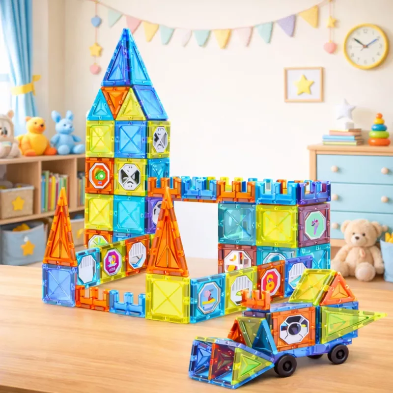 LEAN TOYS Magnetyczne klocki edukacyjne Okna z naklejkami 3D pojazdów 138 szt.