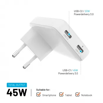 Fixed Slim 2xUSB-C Ładowarka Podróżna 65W GaN PD Biała