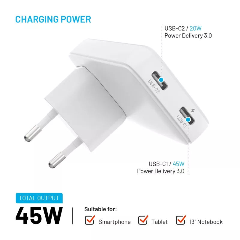 Fixed Slim Traveller ładowarka podróżna 2xUSB-C z adapterami światowymi, GaN, 45W - biała