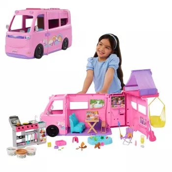 Zestaw do zabawy Barbie Dreamhouse Adventures Kamper dla lalek, zmienia się w pojazd RV z 7 strefami, ponad 60 akcesoriów, różowy