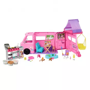 Zestaw do zabawy Barbie Dreamhouse Adventures Kamper dla lalek, zmienia się w pojazd RV z 7 strefami, ponad 60 akcesoriów, różowy