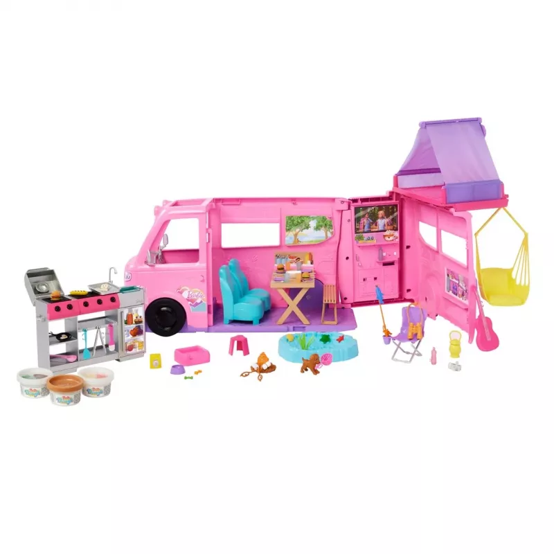 Zestaw do zabawy Barbie Dreamhouse Adventures Kamper dla lalek, zmienia się w pojazd RV z 7 strefami, ponad 60 akcesoriów, różowy