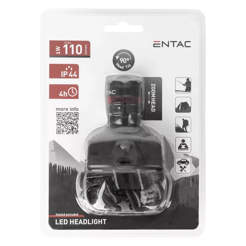 ENTAC EHL-ZOOM-1W-PL Zoom 1W latarka czołowa LED, czarna