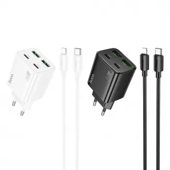 HOCO 30W 4-portowa ładowarka sieciowa USB z kablem USB-C do Lightning – biała