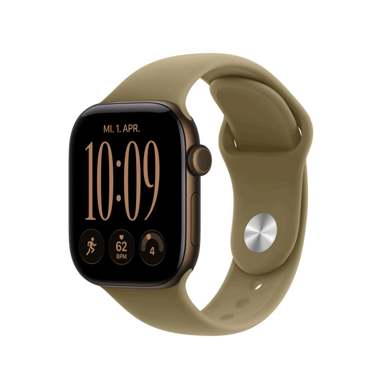 Apple Watch Series 12 GPS + Cellular 42mm, koperta z aluminium w kolorze ciemnego brązu z oliwkowym paskiem sportowym - S/M