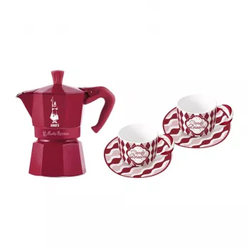 Bialetti Candyland Moka Express 3TZ Zestaw ręcznych ekspresów do kawy, 150 ml, czerwony + 2 filiżanki