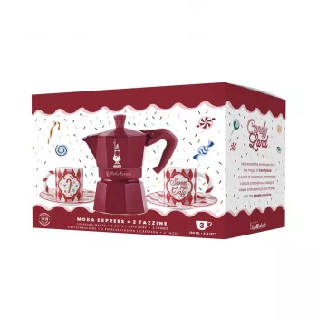 Bialetti Candyland Moka Express 3TZ Zestaw ręcznych ekspresów do kawy, 150 ml, czerwony + 2 filiżanki