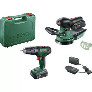 Zestaw Bosch DIY UniversalImpact 18V + AdvancedOrbit 18V, 2x akumulator Li-Ion 2.0Ah, akumulatorowa wiertarko-wkrętarka udarowa + akumulatorowa szlifierka mimośrodowa, zielony (06039D410A)