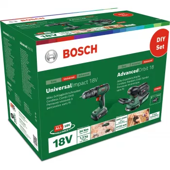 Zestaw Bosch DIY UniversalImpact 18V + AdvancedOrbit 18V, 2x akumulator Li-Ion 2.0Ah, akumulatorowa wiertarko-wkrętarka udarowa + akumulatorowa szlifierka mimośrodowa, zielony (06039D410A)