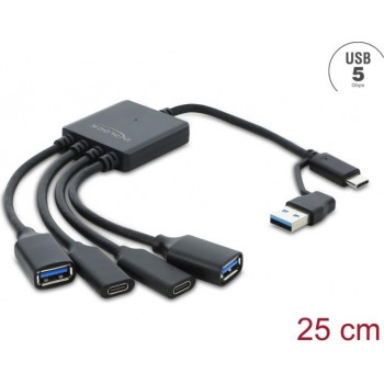 Hub kablowy Delock 4-portowy USB 5 Gbps z wtykiem USB Type-C™ lub USB Type-A do 2 x gniazdo USB Type-A + 2 x gniazdo USB Type-C™ - 25 cm (64375)