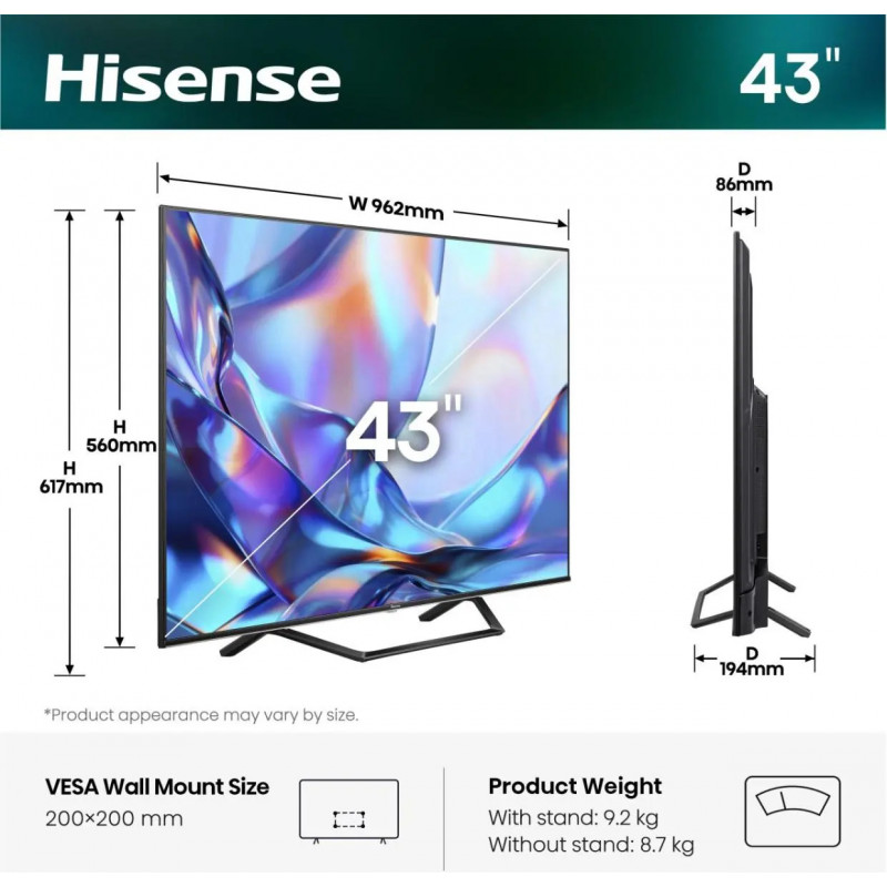 Hisense 43A7S 43 inch QLED 4K VidaaOS 60Hz Dolby Vision IQ Telewizor 2026
