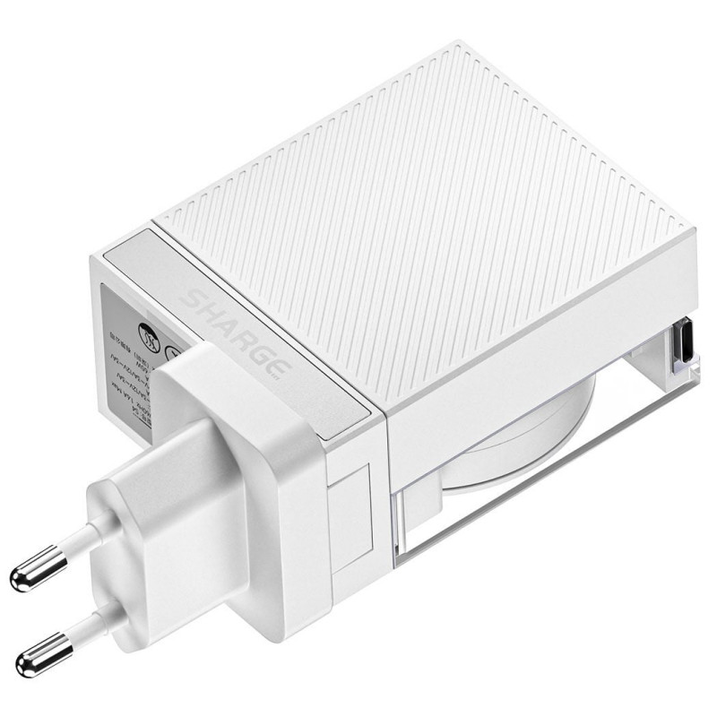 SHARGE Retractable 65 GaN Ładowarka, 65W, 2x USB-C, zintegrowany kabel USB-C – biały