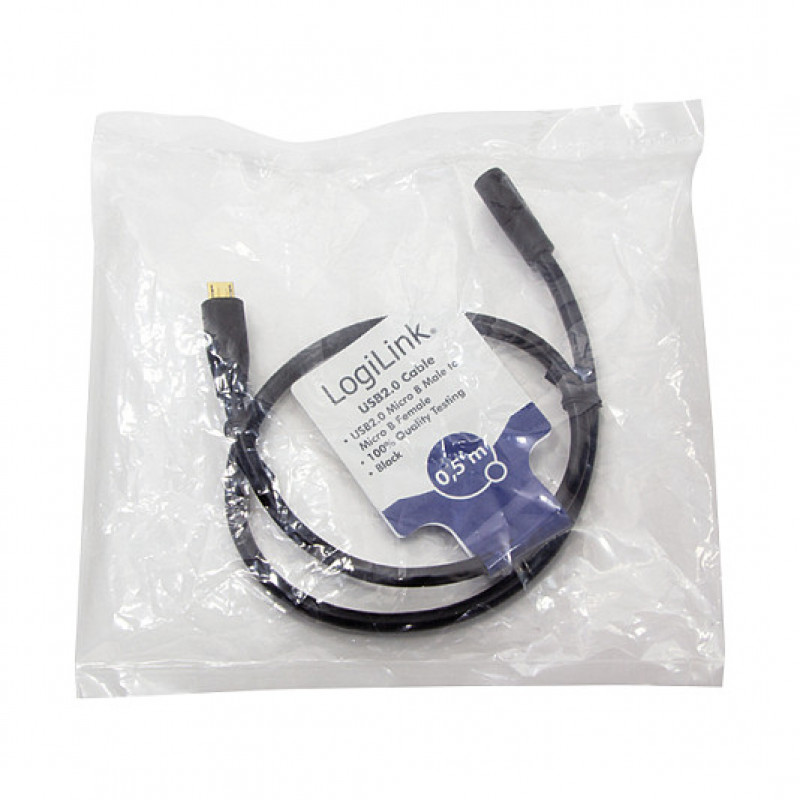 LogiLink CU0120 Kabel przedłużający USB 2.0, Micro-USB B męski do Micro-USB B żeński, 0,5 m, Czarny