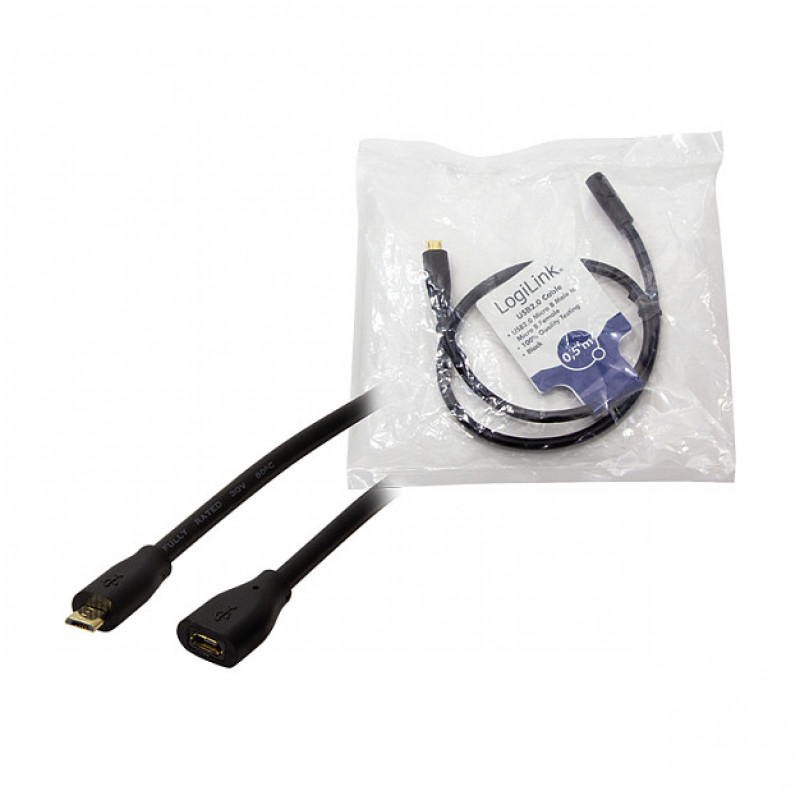 LogiLink CU0120 Kabel przedłużający USB 2.0, Micro-USB B męski do Micro-USB B żeński, 0,5 m, Czarny