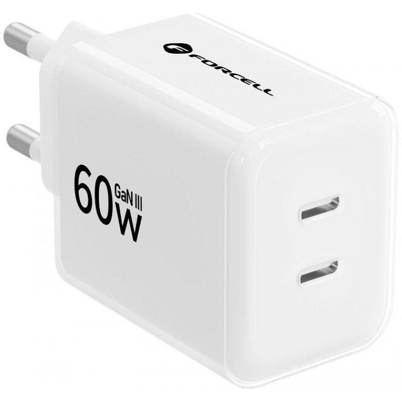 Ładowarka ścienna Forcell F-Energy GaN III Crystal Color VT-60 60W PD QC 4.0 2x USB-C biała + kabel