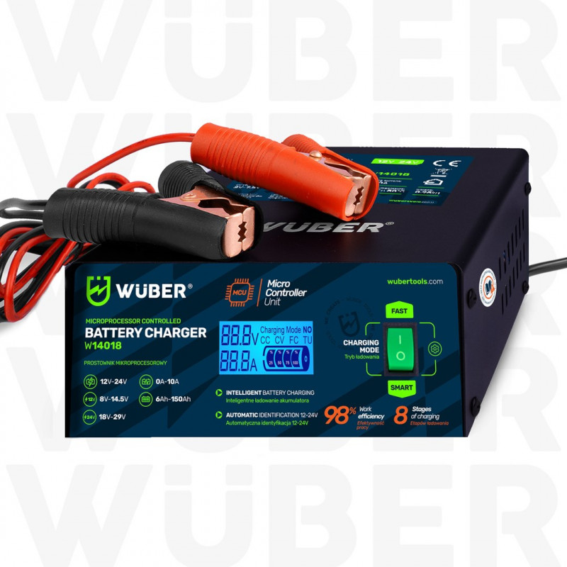 Wuber W14018 mikroprocesorowy prostownik samochodowy, 10 A, 6-150 Ah, 2-24 V