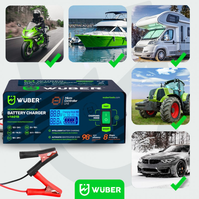Wuber W14018 mikroprocesorowy prostownik samochodowy, 10 A, 6-150 Ah, 2-24 V