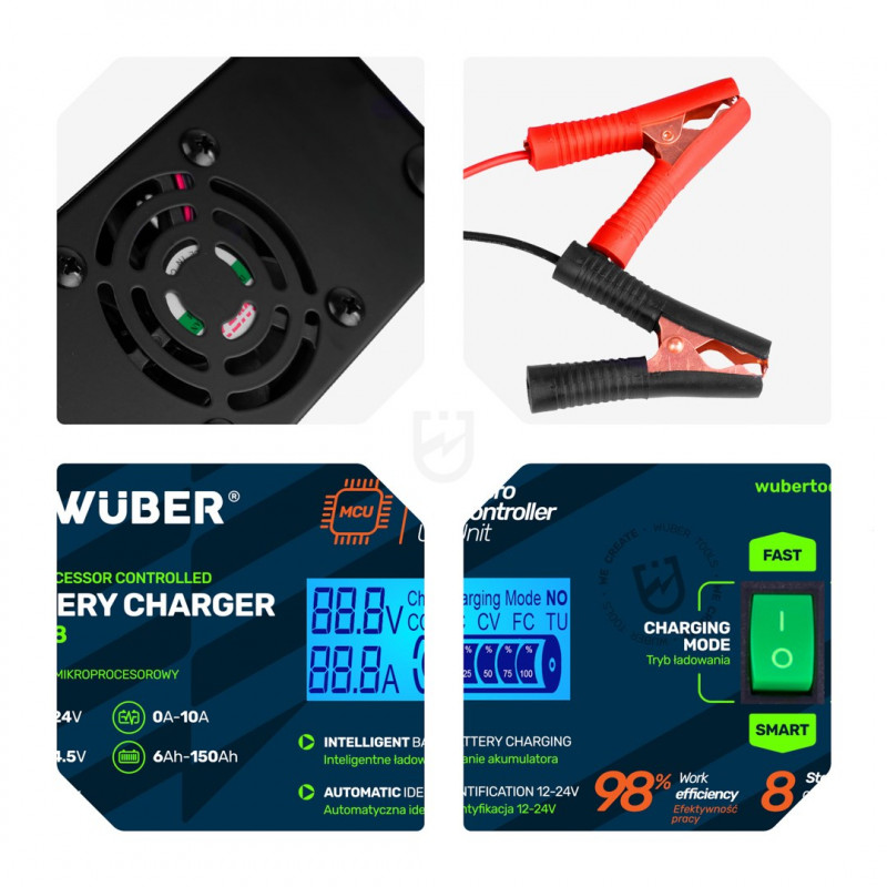 Wuber W14018 mikroprocesorowy prostownik samochodowy, 10 A, 6-150 Ah, 2-24 V
