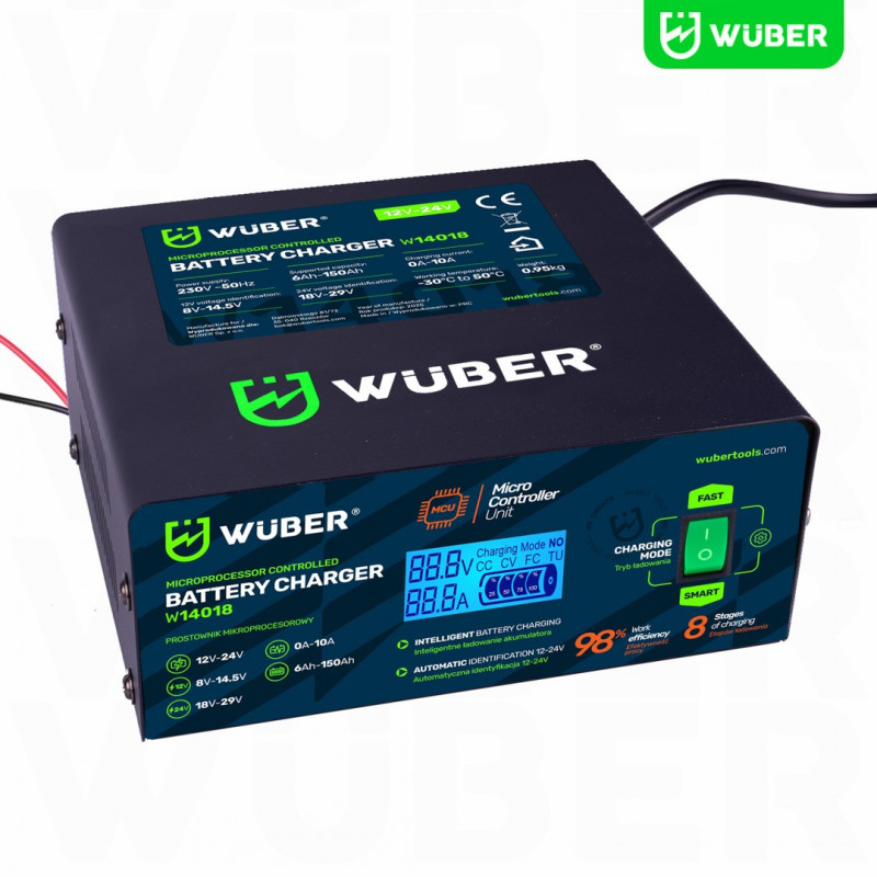Wuber W14018 mikroprocesorowy prostownik samochodowy, 10 A, 6-150 Ah, 2-24 V