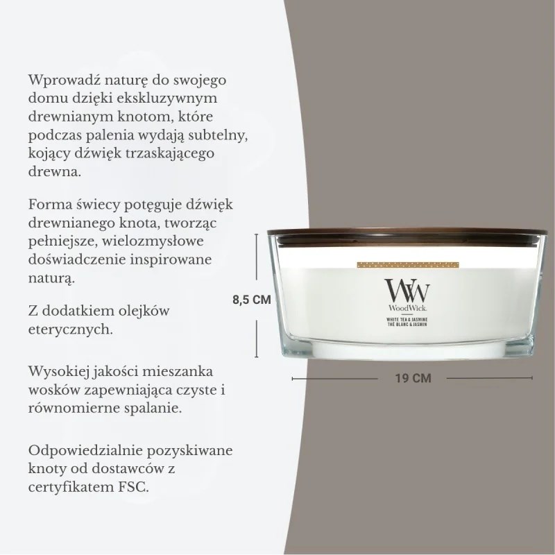 Świeca WoodWick White Teak Ellipse, 453,6 g