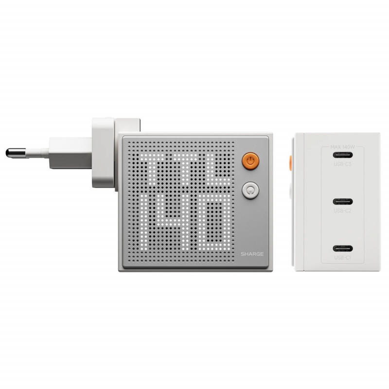 SHARGE Pixel 140 GaN Ładowarka, 140W, 3x USB-C, wyświetlacz matrycowy - biały