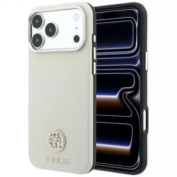 Etui Guess Grained Round Strass Logo MagSafe do iPhone 18 Pro Max / 17 Pro Max, beżowe