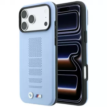 Etui BMW M Blue Perfo Metal Logo MagSafe do iPhone 18 Pro / 17 Pro, niebieskie