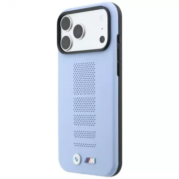 Etui BMW M Blue Perfo Metal Logo MagSafe do iPhone 18 Pro / 17 Pro, niebieskie