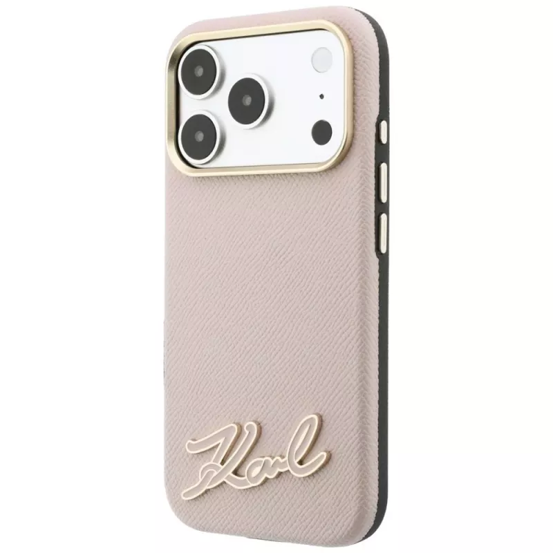 Etui Karl Lagerfeld ze ziarnistej skóry z żywicznym logo podpisem, MagSafe, do iPhone 18 Pro / 17 Pro, różowe