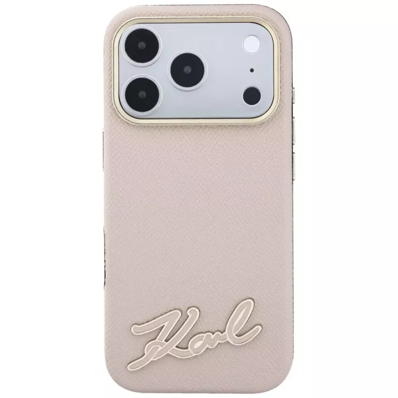 Etui Karl Lagerfeld ze ziarnistej skóry z żywicznym logo podpisem, MagSafe, do iPhone 18 Pro / 17 Pro, różowe