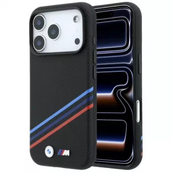 Etui BMW M Quadrille Kevlar Print Tricolor Lines & Metal Logo MagSafe do iPhone 18 Pro Max / 17 Pro Max, czarne