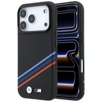 Etui BMW M Quadrille Kevlar Print Tricolor Lines & Metal Logo MagSafe do iPhone 18 Pro / 17 Pro, czarne