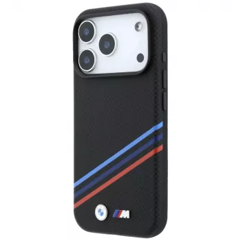 Etui BMW M Quadrille Kevlar Print Tricolor Lines & Metal Logo MagSafe do iPhone 18 Pro / 17 Pro, czarne