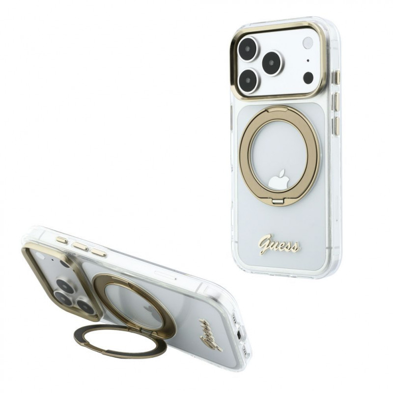 Guess HC MagSafe IML Ring Stand 360 Script Metal Logo etui na Apple iPhone 18 Pro, przezroczyste